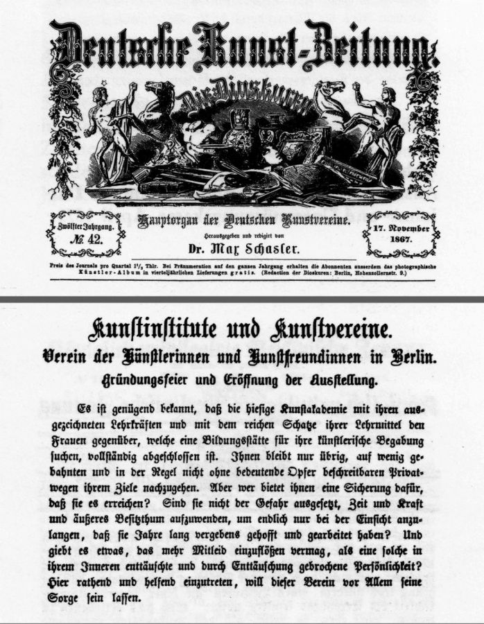 vdbk, Auszug aus der Eröffnungsrede von Schulrat Karl Bormann zur 1. Vereinsausstellung 1867, in: Deutsche Kunst-Zeitung, Hauptorgan der Deutschen Kunstvereine, 17.11.1867. Deckblatt und S. 338